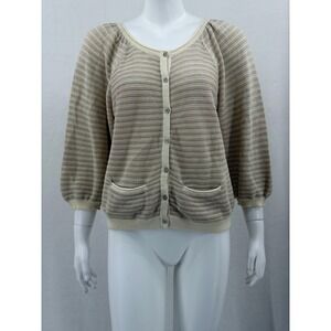 Anthropologie Guinevere Sweater Womens Large Tan Striped Metallic Knit Cardigan